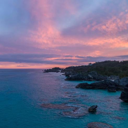 1. Bermuda Green Trees Near Body of Water Under Blue and Orange Sky during Golden Hour in Bermuda