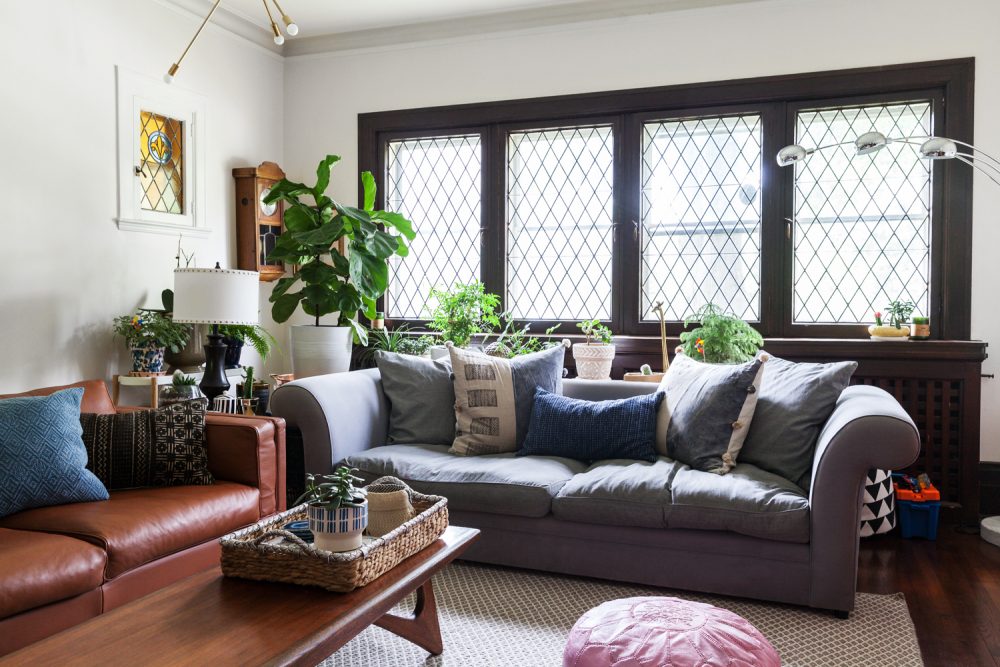 Take a Back Seat Leaded glass black framed window living room with plant in corner.