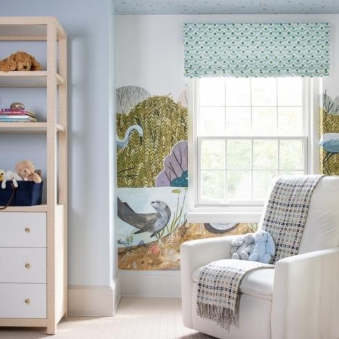 Pale Blue Highs Wildlife mural in nursery with pale blue walls and ceiling