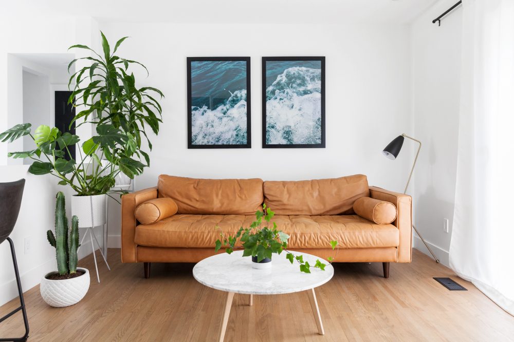 So Simple slouchy tan leather sofa, two photos of water above