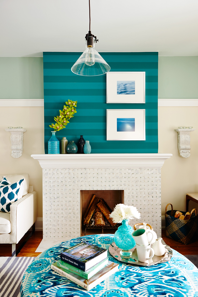Teal Appeal Living room fireplace mantel with stripes on top, squares on the bottom.