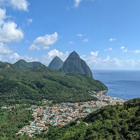 4. St Lucia Aerial View of the Pitons, Soufriere, and the Caribbean Sea near Saint Lucia