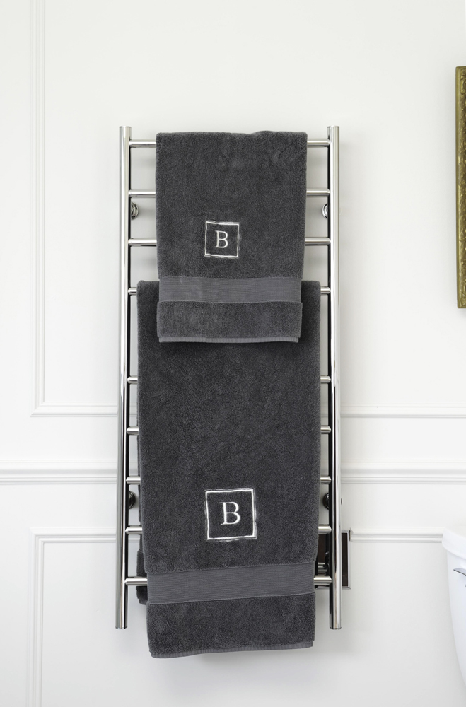 Monogram Your Towels Monogrammed towels set on a heated towel rack
