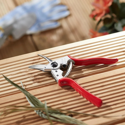 Garden Gnome Knows Felco #6 Pruner sits on a bench with a bunch of grass as part of HGTV's 10 Gift Ideas for the Women in Your Life