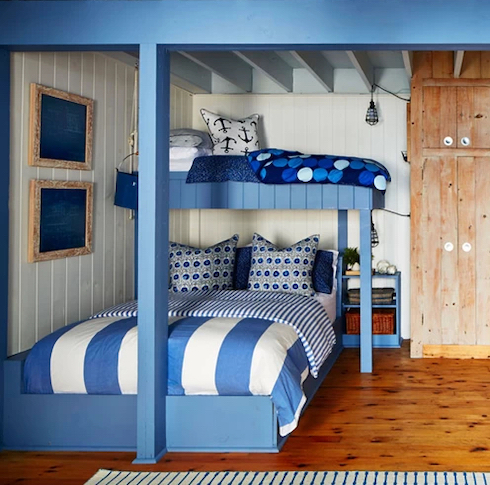 Ship Shape Amazing cottage kids’ bedroom by Home Network designer Sarah Richardson featuring blue and white built in bunkbeds