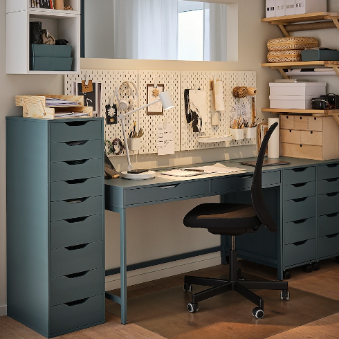 Pop of Colour The Alex IKEA table in a gray-turquoise colour with multiple shelfs