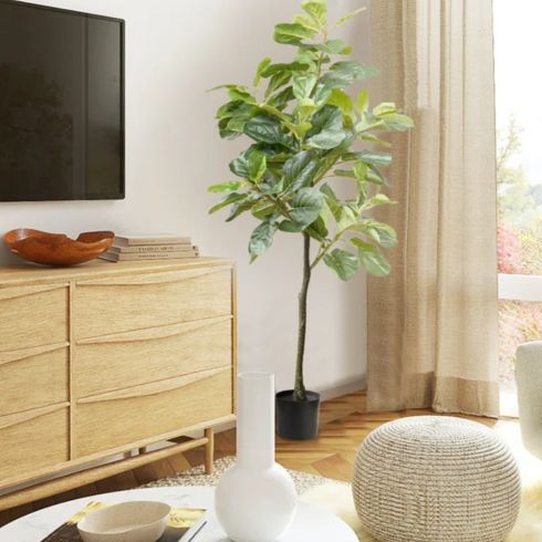 Channel the Outdoors An artificial gif plant placed beside a TV and wooden cabinet.