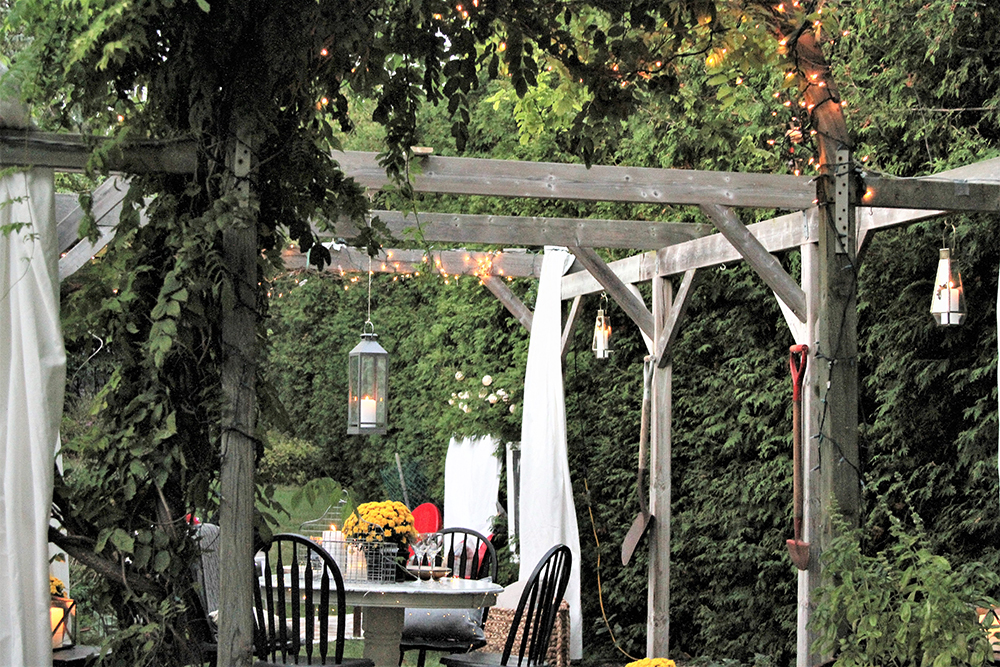 A Curtained Pergola Backyard pergola with white curtains hanging from it. A dining set is inside the pergola.