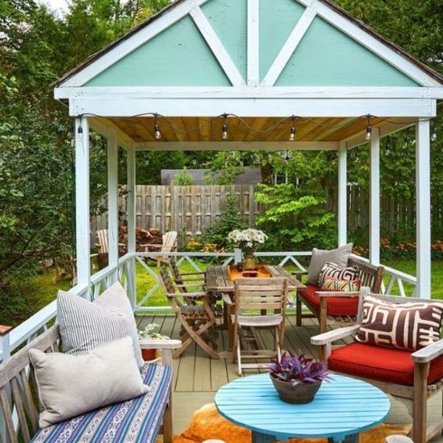 Casual and Colourful Backyard patio with chairs