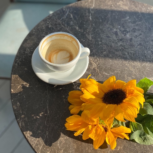 Drinkware, Dishes and Bowls An empty coffee cup and saucer on a tabletop