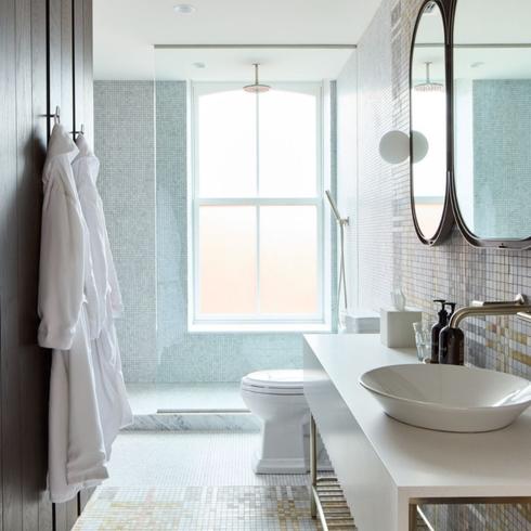 New Bathrooms Bathroom with black mirrors, white tiles and modern closet