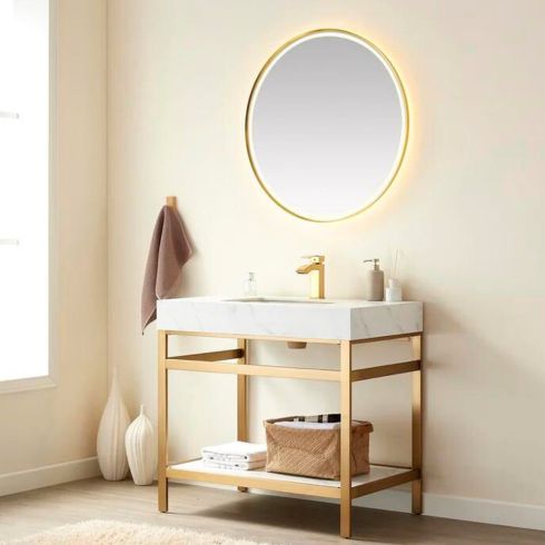 Check Under the Sink Modern bathroom with gold/brass and white open vanity