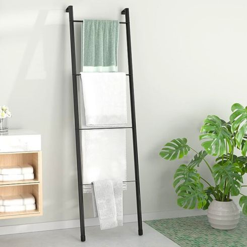 Step by Step Minimal wood bathroom with black towel ladder on wall