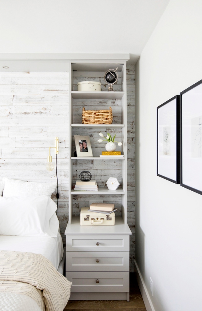 Embrace Vertical Storage Small bedroom with nightstand and integrated shelves
