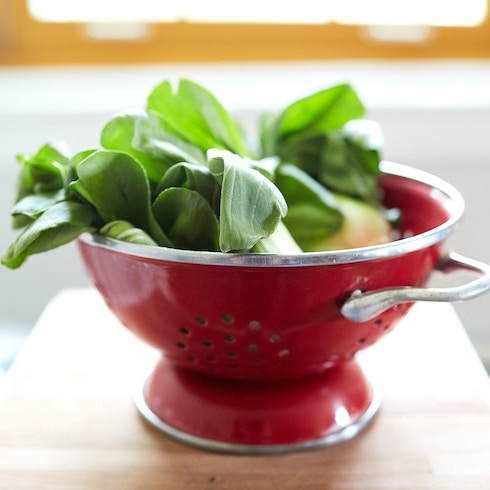 Bok Choy Green bok choy in a red strainer on top of a wood board