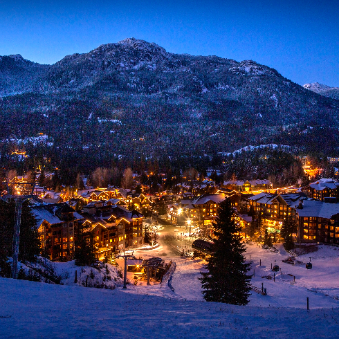 Whistler Blackcomb, BC The Whistler Blackcomb Ski Resort in British Colubmia at night with the town all lit up.