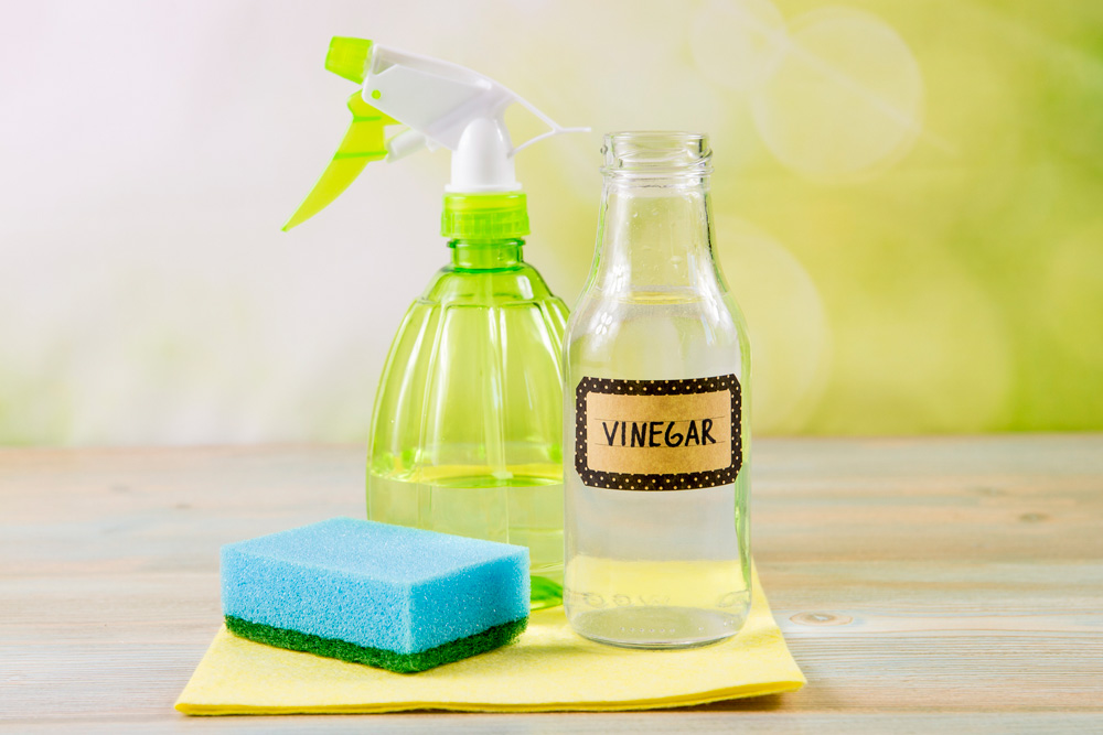 Bleach and Vinegar vinegar and a spray bottle with cleaning supplies