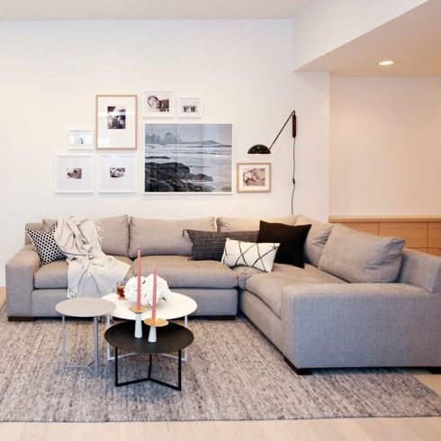 Area Rugs A grey area rug in a basement living room