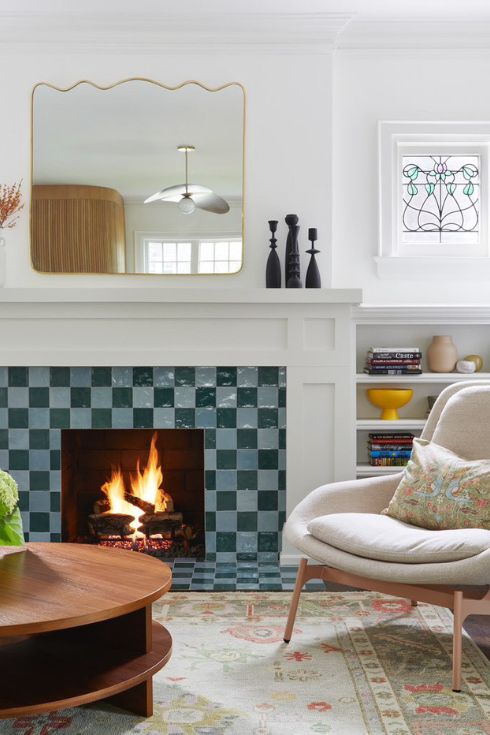 Fiery Focal Point Checkered-tile fireplace