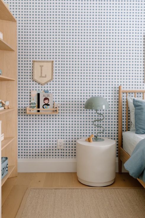 Check It Out Kids room with plaid wallpaper