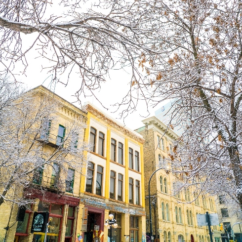 Winnipeg, Manitoba Yellow buildings in Winnipeg, Manitoba's Exchange District surrounded by snowy trees during the winter.