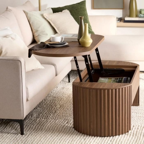 Lift-Top Coffee Table A walnut-coloured lift-top coffee table with paneling detail along the sides.
