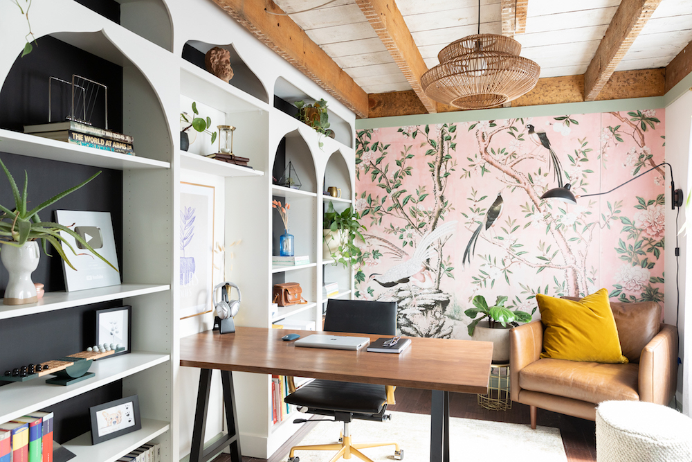 Choose a Cheerful Background creative home office with patterned wall behind desk