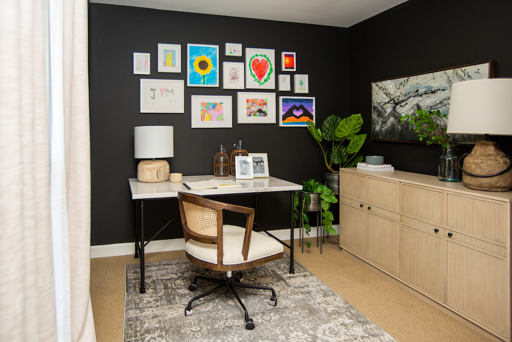 Frame Something Bright sophisticated home office with kids' art on black wall