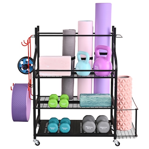 Work It Out An assortment of colorful exercise equipment like weights, mats and kettle bells on a storage rack.