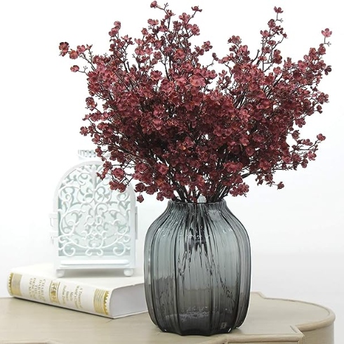 Rich Toned (Faux) Florals A smoky glass vase with deep burgundy fake flowers