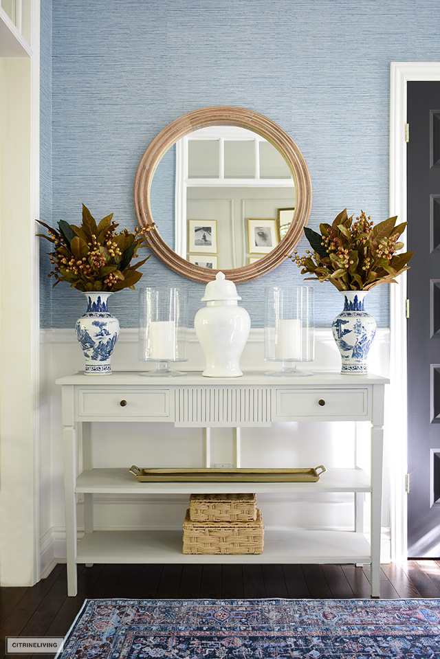 Stay Symmetrical Elegant white and blue vignette in foyer