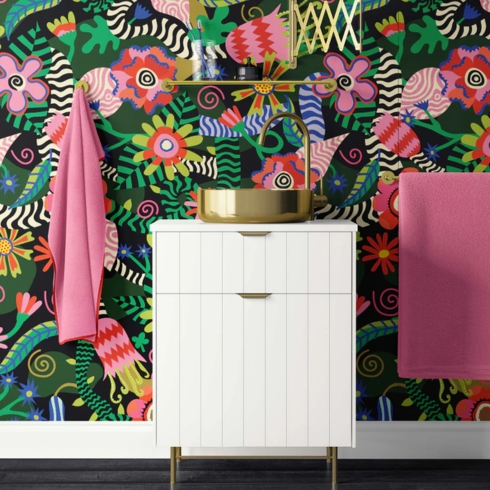 Bold Blooms Bold flower Peel and stick floral wallpaper featured behind a sink.