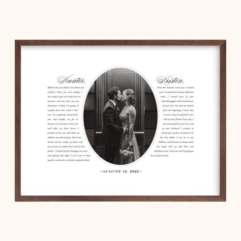 Display Your Vows A framed wedding photo with written vows beside it.