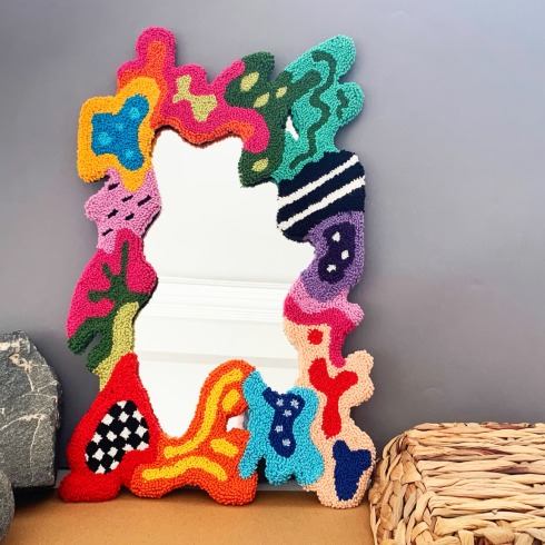 Tufted Punch Needle Mirror Funky tufted punched needle mirror in different bright colours.
