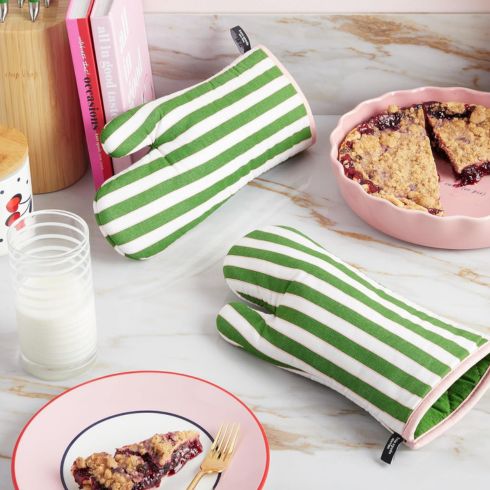 From Heart to Table Green and white striped oven mitts on a kitchen counter