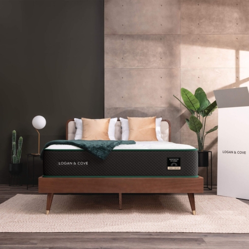 GoodMorning.com A Logan & Cove mattress featured on a wooden bed frame with pillows in a bedroom.