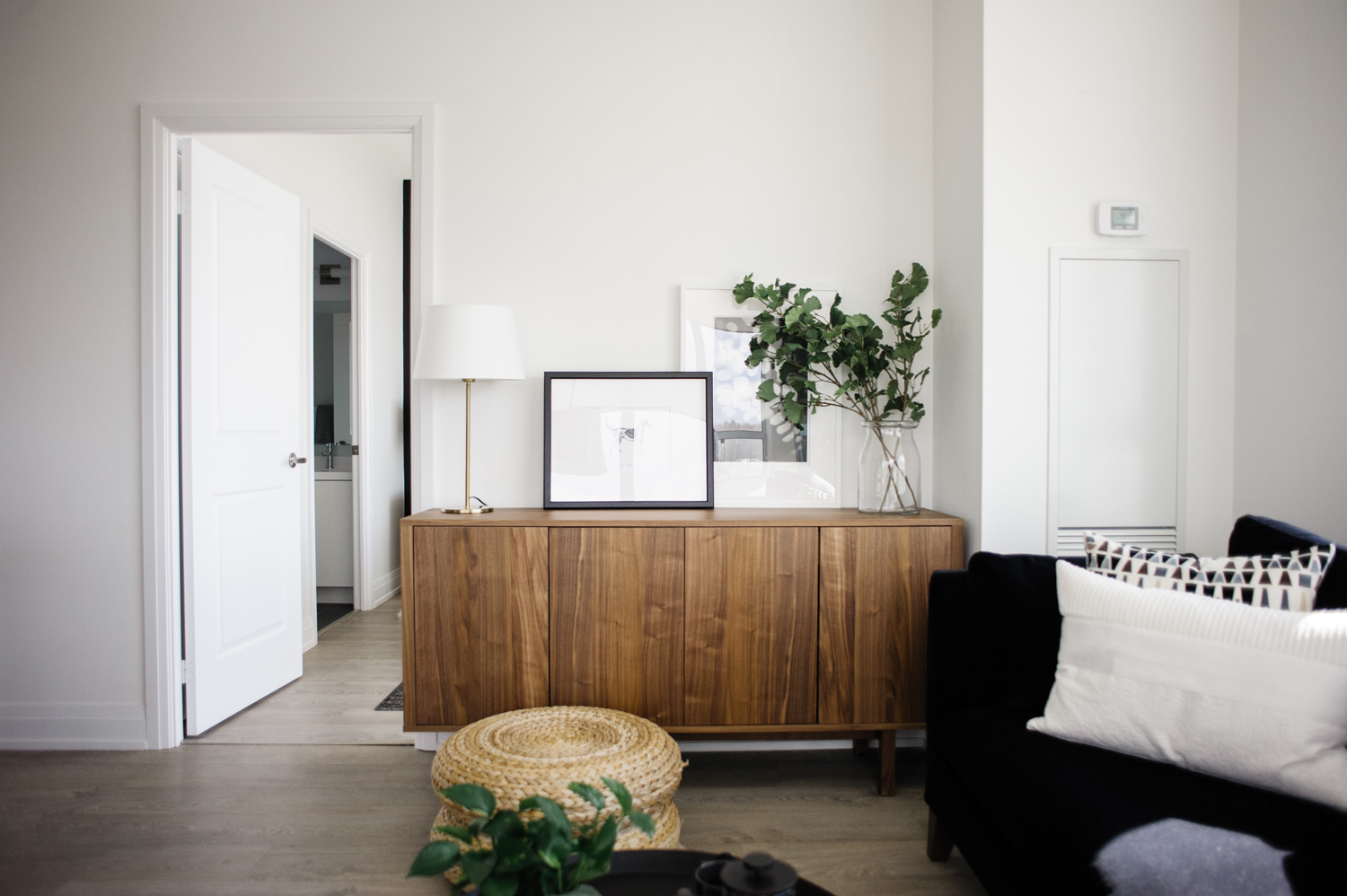 Double Duty Storage Wood credenza with artwork and plants