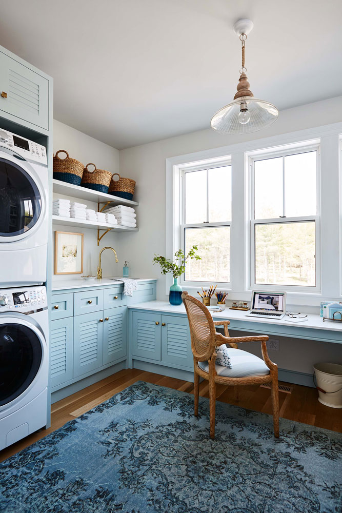 Multi-Purpose Bright blue laundry room and work station.