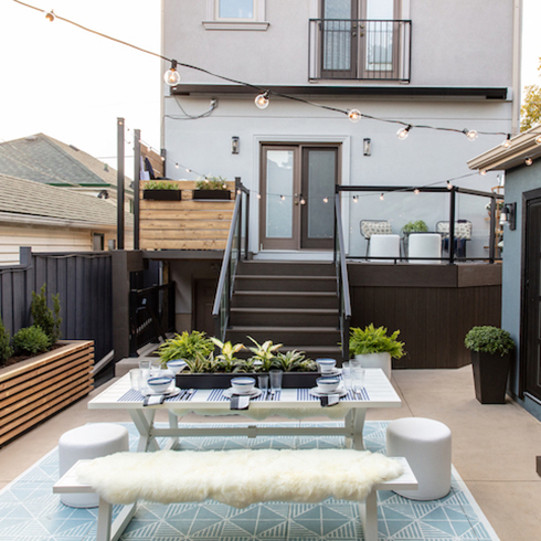 DIY Deep Cleaning city backyard patio set with clean outdoor rug and string lights