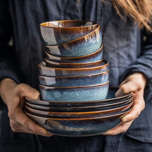 Dish It Out Blue and brown dishes