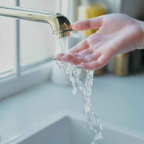 Cut Stems Under a Stream of Water A kitchen tap with the water on and a hand feeling the temperature