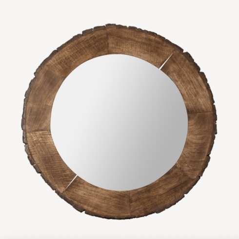 Live Edge Mirror Live edge wood round mirror on white wall.