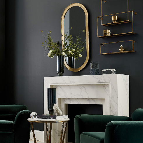Shelve It A dark modern living room with gold shelving and mirrors