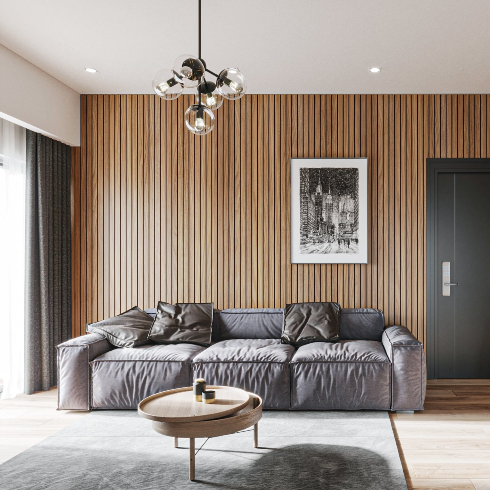 A Natural Finish A modern living room with dark wooden panels