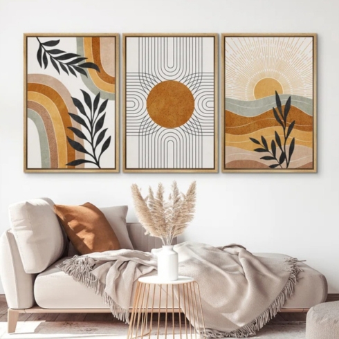 Find Artwork That Speaks to You Three pieces of geometric art featuring sun, desert and plants.