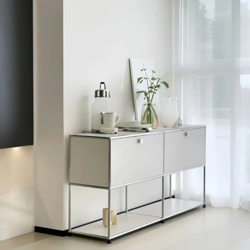 Hide the Clutter Away With Storage Cabinets White modern storage cabinet against the wall.