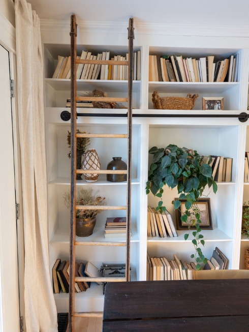 Step Up A ladder against a built-in bookcase