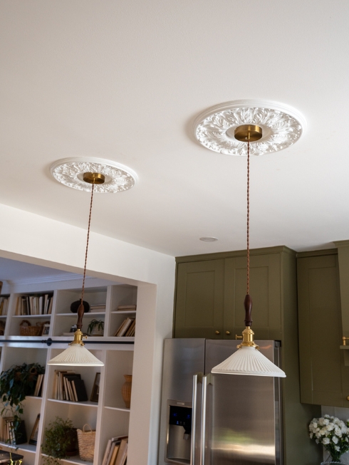 Look Up Two kitchen pendant lights with high gloss white mouldings