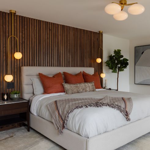 Hotel-Style Retreat Bedroom with slatted walnut headboard