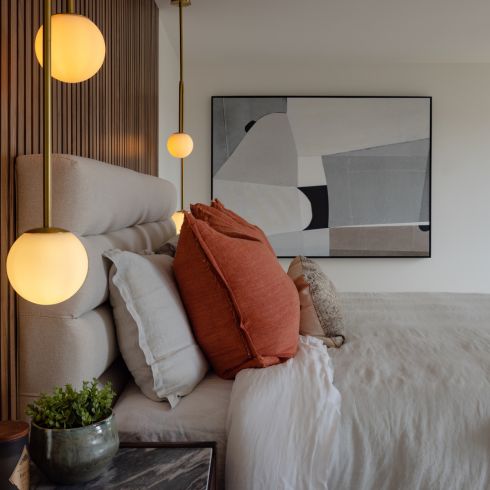 When Lighting Strikes Bedroom with slatted walnut headboard